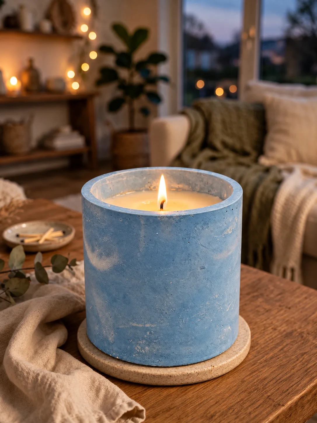 Sky Blue: AI-styled preview of Sky Blue as a finished candle, lit in a living room; poured to order; props not included