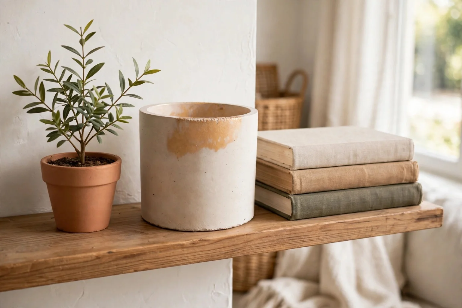 Amber Stone: Amber Stone empty vessel displayed as home decor beside books and a plant; props not included