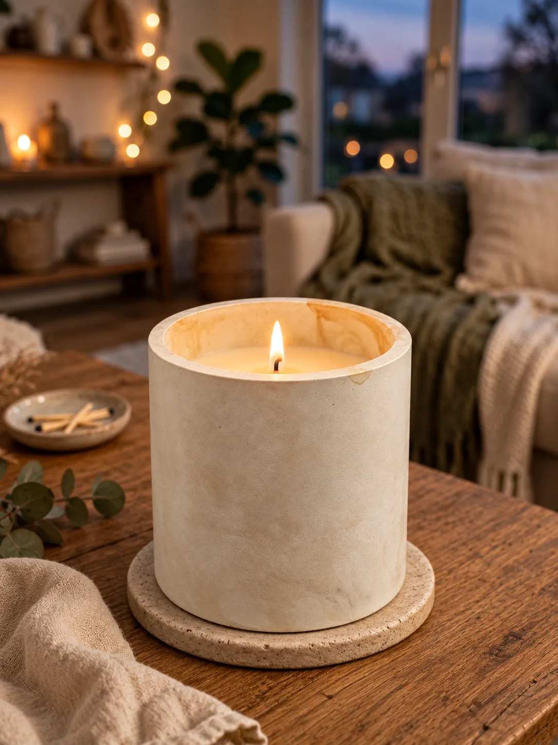 Ivory Stone: AI-styled preview of Ivory Stone as a finished candle, lit in a living room; poured to order; props not included