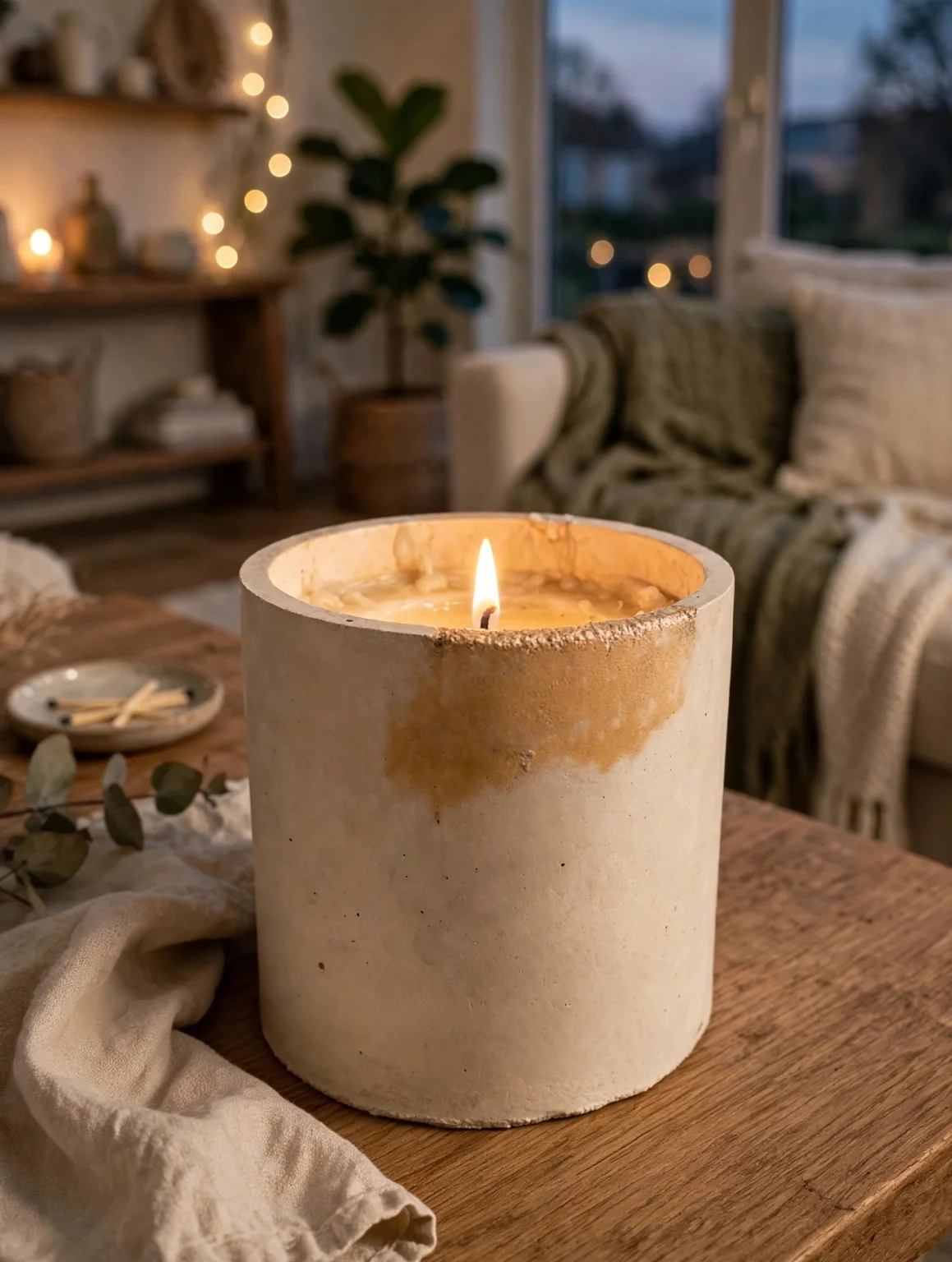 Amber Stone: Styled example of Amber Stone as a lit candle in a living room; poured to order